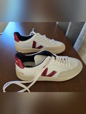 Veja V-12 White Sneakers with Burgundy Logo